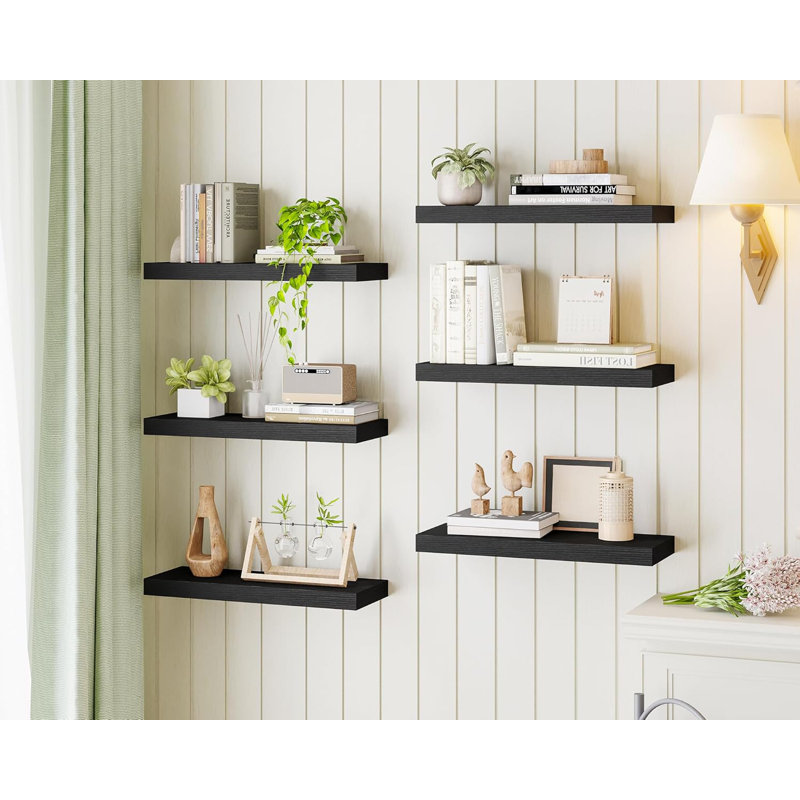 Set Of 6 Floating Shelves For Wall Mounting, Rustic Wood Grain Finish MDF Shelves With Hidden Brackets, Sturdy Storage Solution For Bathroom, Bedroom, Living Room, Kitchen And Home Decor