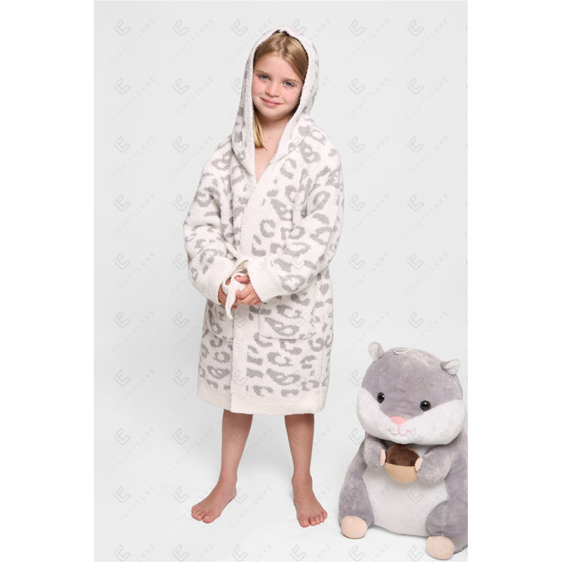 Peignoir à capuchon doux pour enfants avec ceinture à poches avant - Gris, Gris