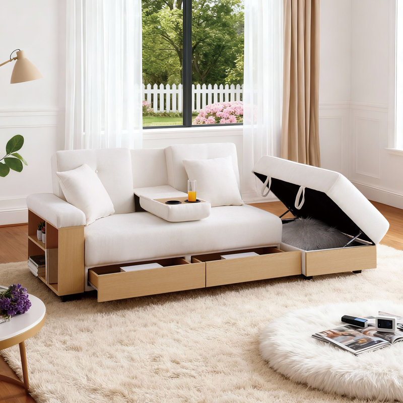 Clitheroe 84.65" Convertible sofa bed with Storage Ottoman, Hidden Drawers and 2 Cup Holders, Beige