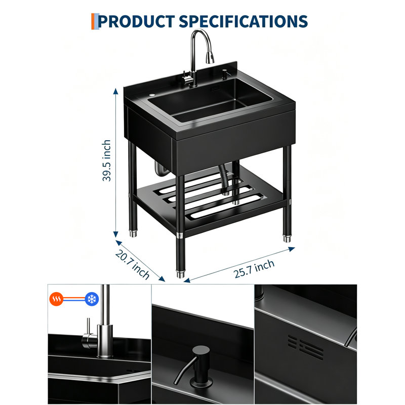Stainless Steel Utility Sink, Single Bowl Commercial Sink with Cold and Hot Water Faucet, Black