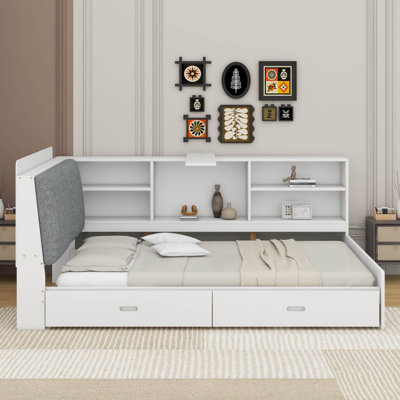 Lit plateforme simple avec tête de lit, tablettes et tiroirs de rangement