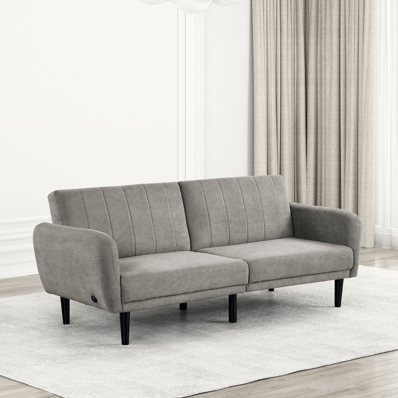 Transitional Convertible Gray Futon In Contemporary Design, 2 - Seat, With Channeled Back, Soft Track Arms, And A & C Charging, Fabric Rubberwood Modern Seat Cushion Seats, Featuring Iron Leg Back