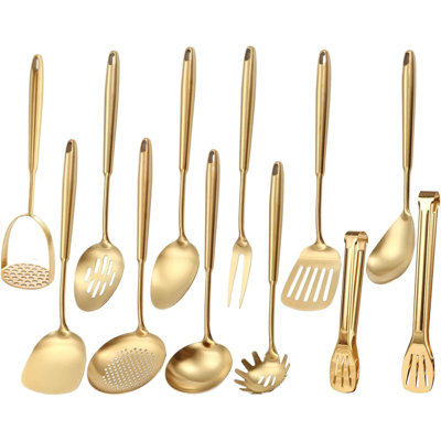 Ensemble 12 pièces d'ustensiles de cuisine dorés, ustensiles de cuisine en métal 18/10 en acier inoxydable avec finition laiton mat - Ustensiles de service de qualité professionnelle comprenant une spatule, des pinces, une louche, une cuillère à spaghetti, un pilon à pommes de terre et une fourchette à viande