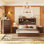 Ensemble de chambre à coucher 4 pièces, base de lit grand avec tête de lit et station de charge, 2 tables de chevet avec 2 tiroirs, 1 commode avec 5 tiroirs, noyer