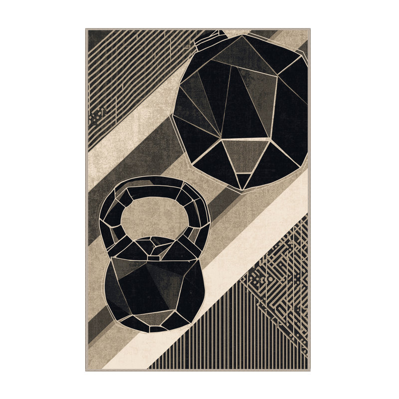 Machine Washable Rayan Kettlebell Workout Modern & Contemporary Geometric Rug in Gray – Beige Binding, 2x3