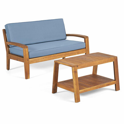 Ensemble de conversation d'extérieur 2 pièces en bois d'acacia teck - causeuse et table basse avec coussins bleus résistants à l'eau, capacité de 350 lb pour le patio, la terrasse et la cour arrière