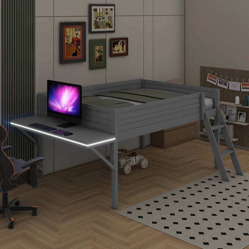 Lit mezzanine en bois avec bureau et DEL, Lit double