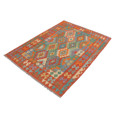 Tapis géométrique bleu / rouille en laine noué à la main à motif géométrique 4 pi 11 po x 6 pi 7 po Cedorah