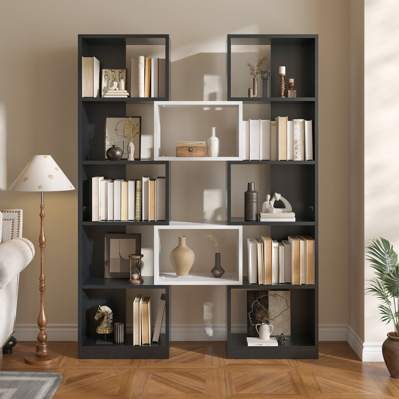 5 Tier Collapsed Tall Bookshelf Etagere Bookcase for Corner Odd Spaces, Black