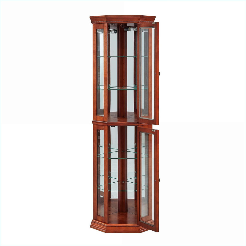 Curio Cabinets | Lighted Corner Display Curio | Adjustable Tempered Glass Shelves | Mirrored Back | Engineered Wood | Walnut Brown Finish | Floor Mount 69.75"H | Traditional | Corner of a Room