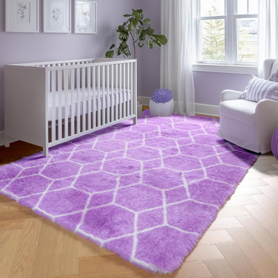 Fluffy Purple And White Boho Geometric Area Rug 4X6, Washable Soft Shaggy Fuzzy Plush Carpet, Aesthetic Throw Rug For Bedroom Living Room Kids Teen Nursery Dorm Home Decor