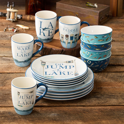 Wake at the Lake 16-Piece Ceramic Dinnerware Set – Rustic Lakeside-Inspired Plates, Bowls & Mugs – Durable, Microwave & Dishwasher Safe Tableware for Cozy Cabin & Waterfront Dining