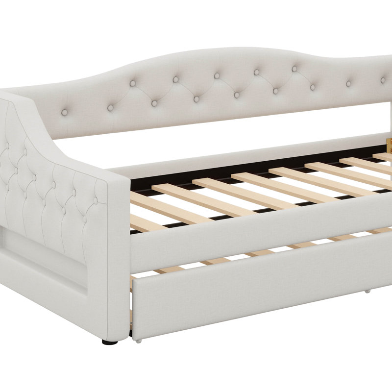 Lit de jour rembourré simple TG, canapé-lit avec ceinture à DEL et lit gigogne, lit de jour capitonné en lin, Beige