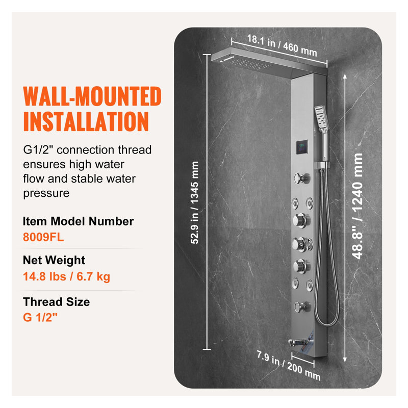 6-in-1 LED Shower Panel Tower System with Rainfall, Waterfall & Massage Jets - Stainless Steel Hydroelectric Wall-Mounted Set