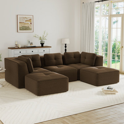 Canapé modulaire moderne pour le salon, tissu en velours côtelé, canapé 3 places avec assise profonde et repose-pieds mobile 2, passepoil perlé, conception capitonnée, sans assemblage, conception antidérapante