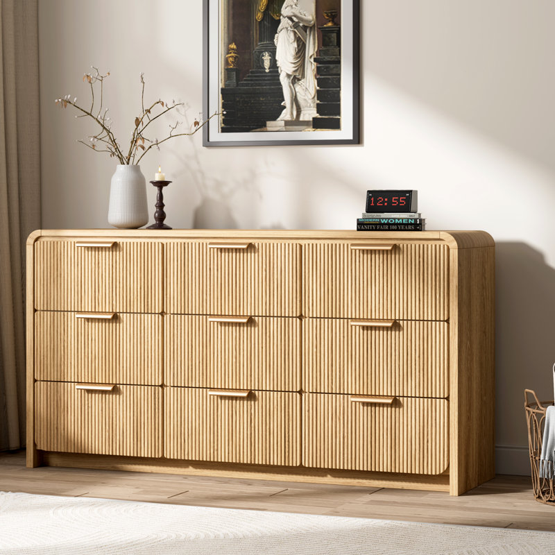 9-Drawer Dresser For Bedroom, 57''W Modern Storage Dressers Chest Of Drawers W/ Curved Edge, Tan