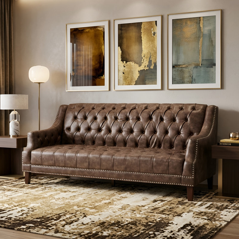 Mid Century Faux Leather Sofa With Solid Wood Legs, Tufted Button Back Sofa For Bedroom/Lliving Room/Guest Room