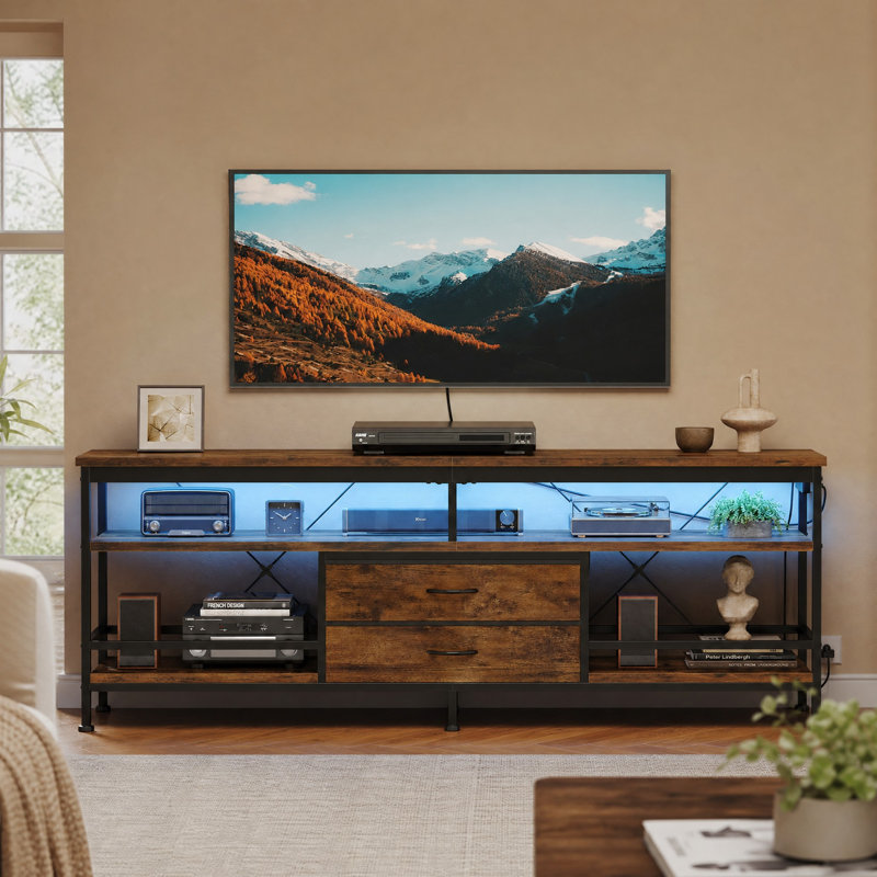 70" TV Stand with Charging Station and Led Lights for TVs up to 85", Brown, 70.9"W x 15"H x 23.6"D