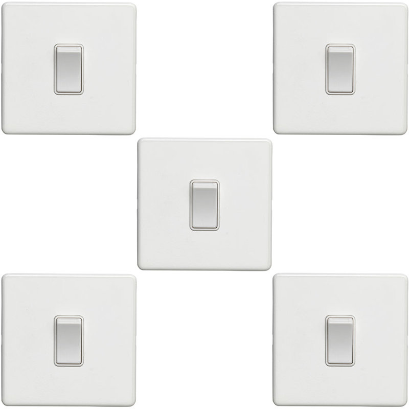 5 PACK 1 Gang Single Light Switch SCREWLESS MATT WHITE 2 Way 10A Slim Rocker, White, White