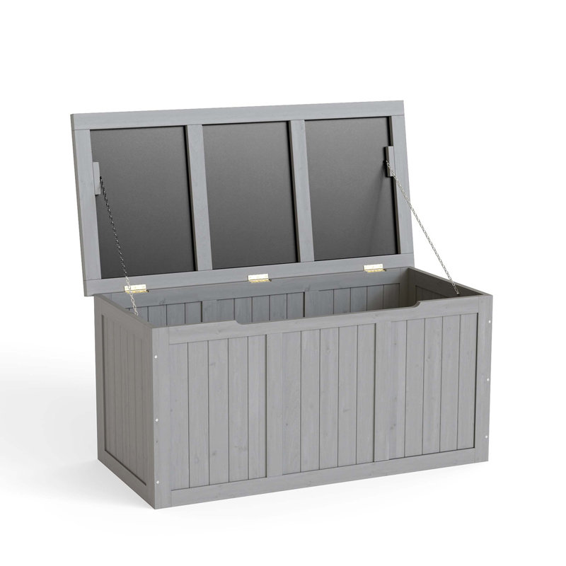 67-Gallon Solid Wood Outdoor Deck Box With Hinged Lid, Dual-Purpose Seat And Table Top For Cushions, Tools, And Pool Accessories.
