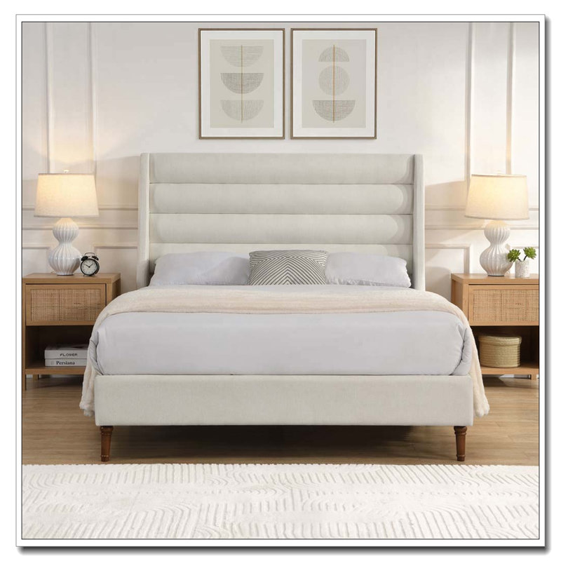 Grand lit plateforme tapissier avec tête de lit Wave et tissu en chenille, aucun sommier tapissier requis, Grand lit