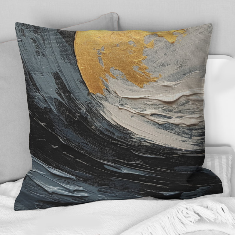 Coussin décoratif doré et noir à spirales vibrantes abstraites
