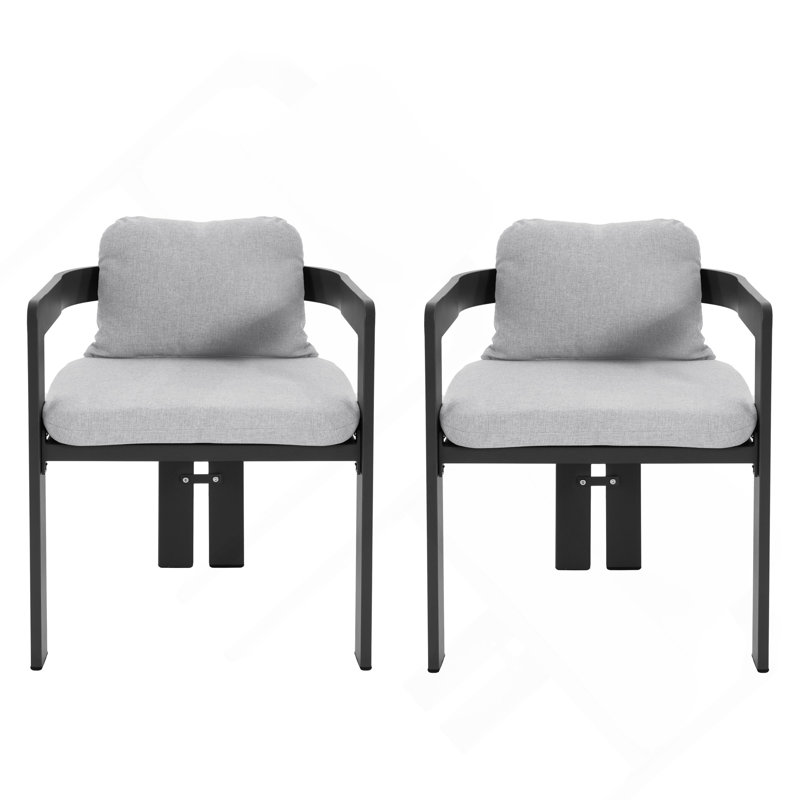 Chaise de salle à manger d'extérieur en aluminium, ensemble de 2, finition noire avec coussin gris, Grey