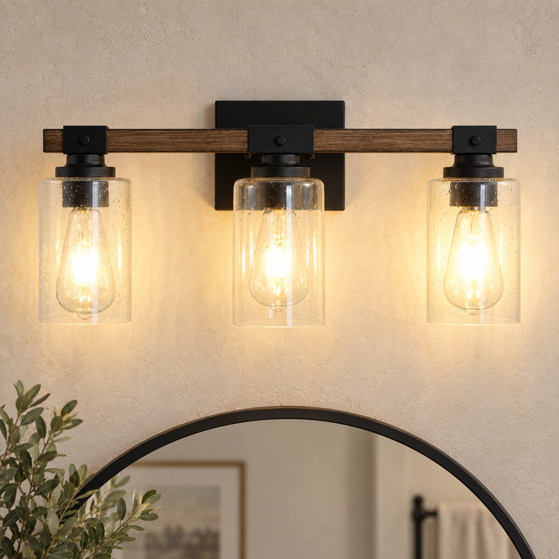 3-Light Bulbs Elegant Wood-Grain Style Bubble Glass Vanity Light