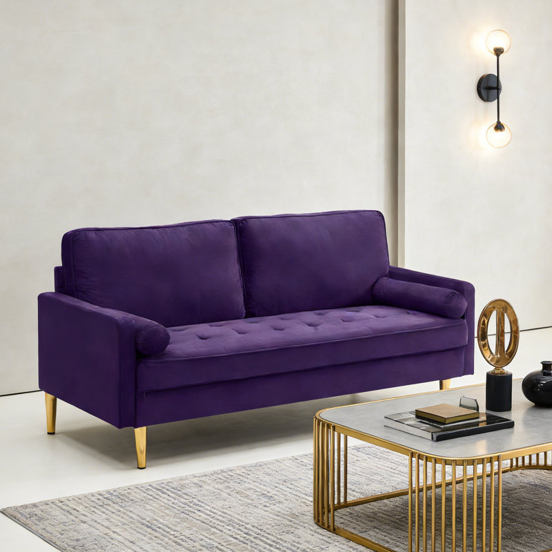 Vintage Style velvet loveseat sofa with metal legs and cushions for the living room or bedroom., Purple
