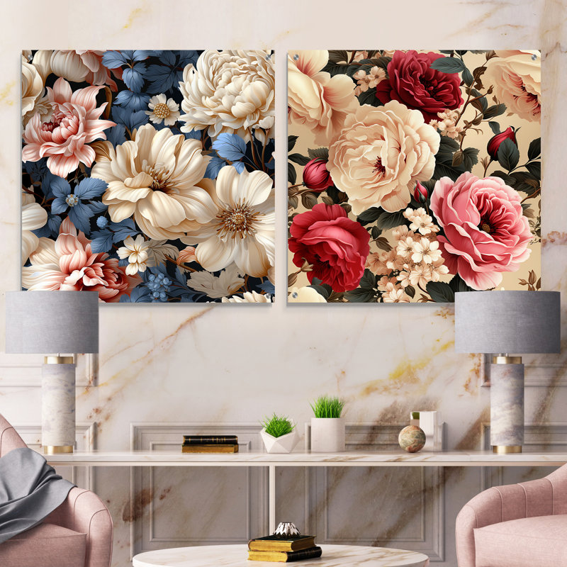 Motif floral beige rétro II - ensemble d'art mural en acrylique sur verre floral, H 16 po x l 33 po