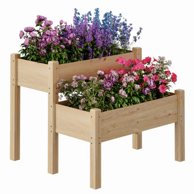 Two‑Tier Ergonomic Raised Garden Bed Planter Box, Wooden Open‑Base 33.86"x33.86"x28.74" with 8 Drainage Holes, 352 lbs Capacity, Outdoor Planter for Vegetables Herbs Flowers on Patio Balcony