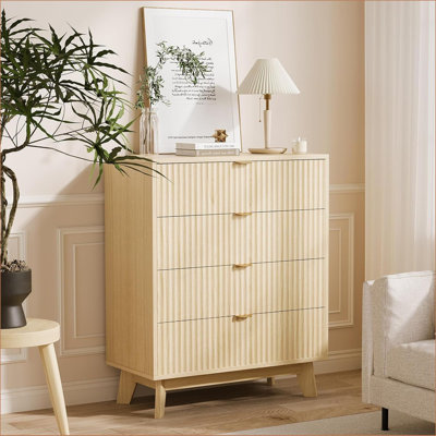 4 Drawer Dresser, 31 Inch Tall Mid Century Modern Dresser Drawers, Waveform Fluted Side Table, Wood Drawer Organizer for Bedroom Living Room, Hallway,