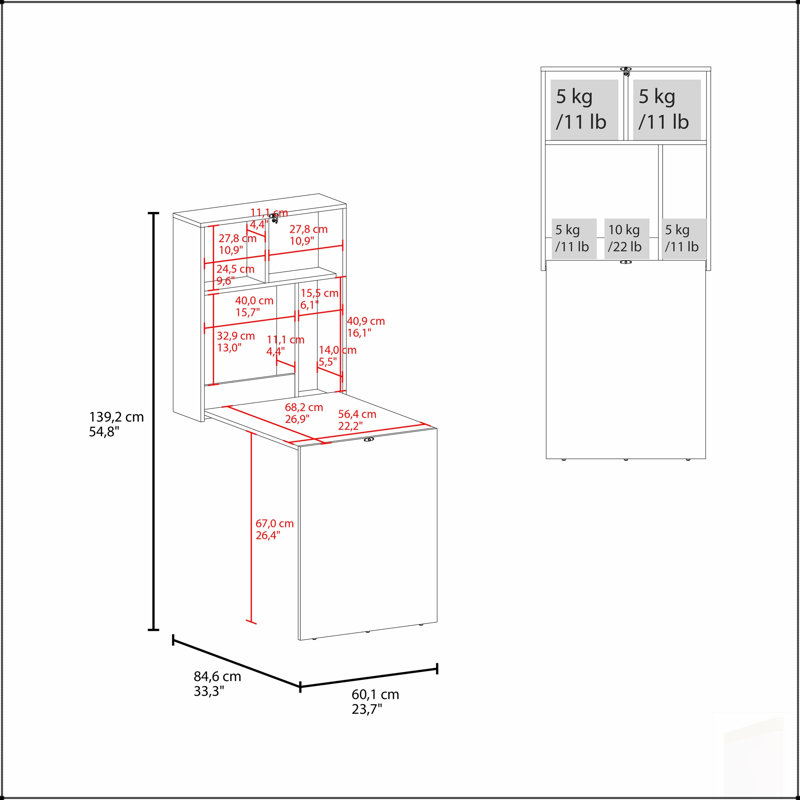 Table pliante murale Kaplar de 33 po de largeur x 23 po de profondeur avec quatre tablettes, design multifonctionnel et peu encombrant