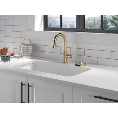 Trinsic Brushed Gold Bar Sink Faucet with Pull Down Sprayer, Modern Single Hole Prep Sink Faucet, Single Handle, Champagne Bronze