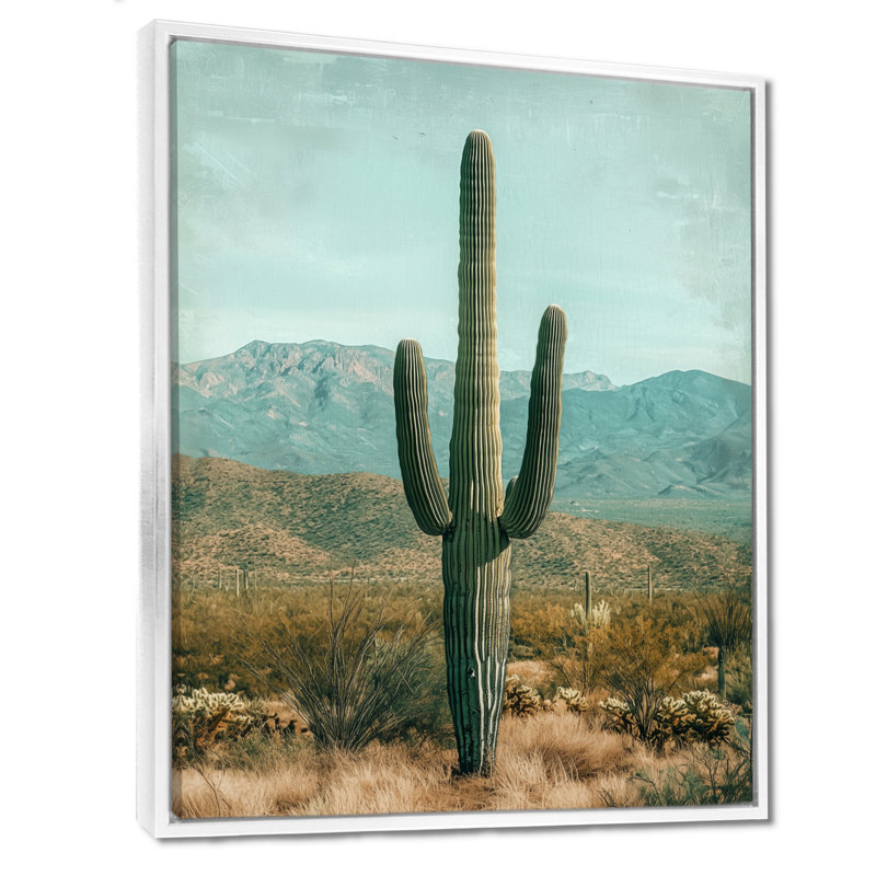 Marishia Cactus and Mountains II - Cactus, art mural sur toile, H 20 po x l 12 po, Reproduction avec cadre flottant, Blanc