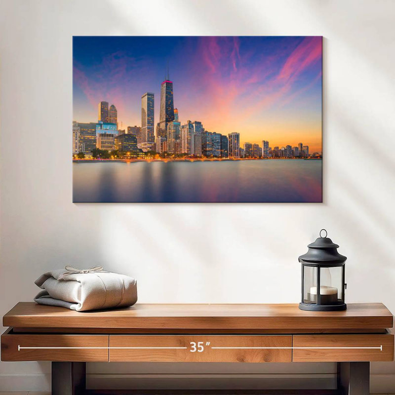 Nicci, Chicago, coucher de soleil, paysage urbain, H 16 po x l 24 po