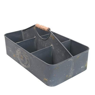 Vintage Metal Planter with Wooden Handle, Rustic 6-Compartment Flower Pot & Desktop Storage Organizer, Farmhouse Succulent Tubs for Garden Patio Yard Outdoor Decor