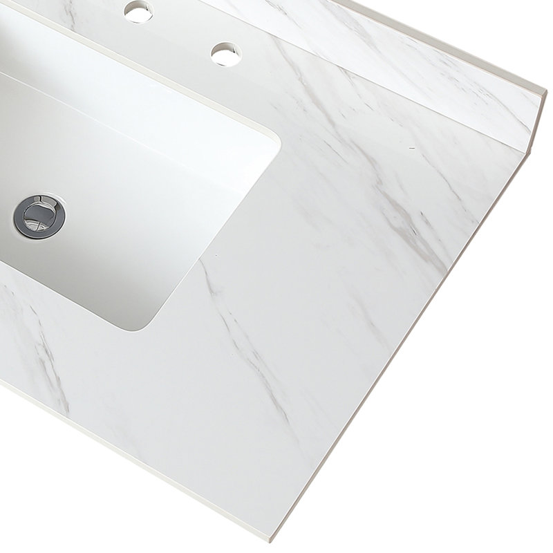 Dessus de meuble-lavabo de salle de bain blanc 37 po - Pierre frittée avec lavabo rectangulaire, dosseret de 4 po de hauteur, trou de robinet pré-percé de luxe moyen