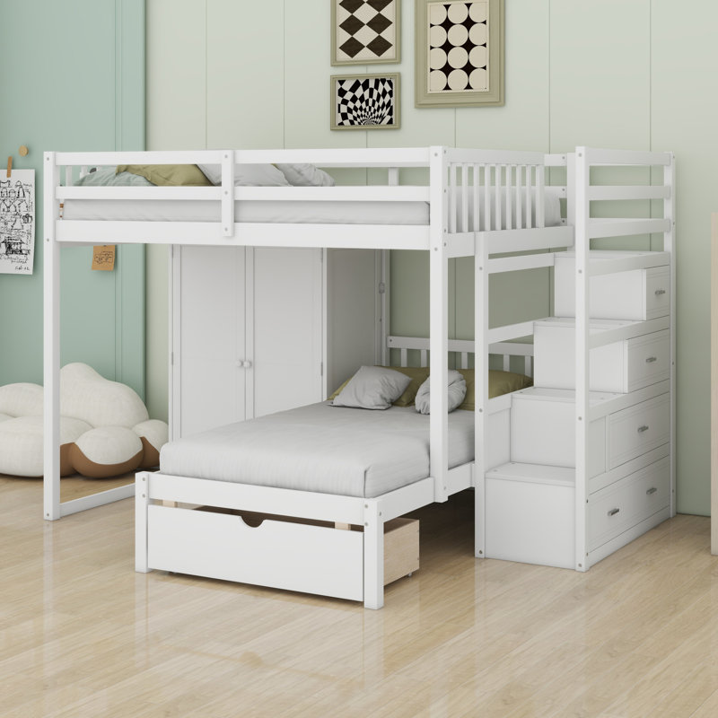 Lit superposé avec garde-robe, tiroirs, Blanc