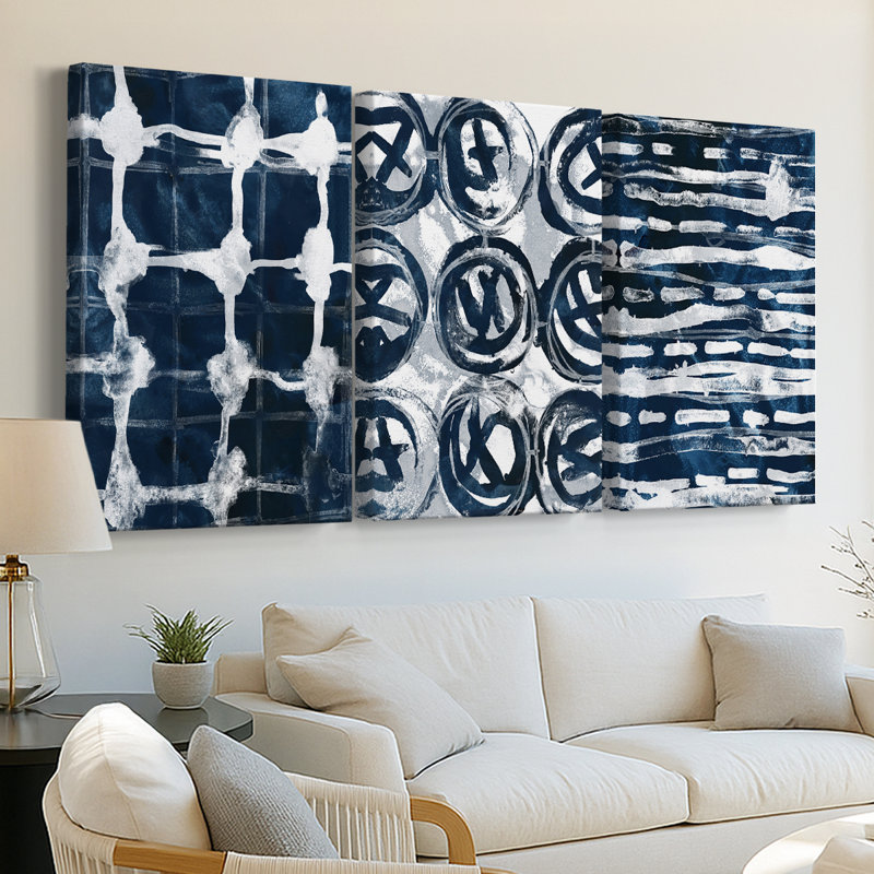 Indigo Memory I - Toile tendue avec châssis sur mesure - 3 pièces, H 36 po x l 72 po
