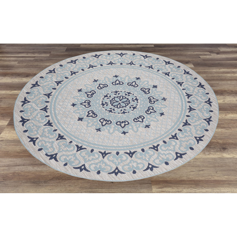 Tapis floral intérieur / extérieur bleu, Rond 6 pi 7 po