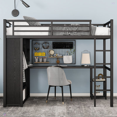 Structure de lit mezzanine avec garde-robe intégrée, lit mezzanine en métal avec bureau et tablettes de rangement