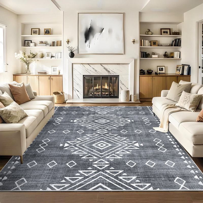 Boho Machine Washable Rug with Rubber Backing for Living Room Non-Slip Dining Room Rug Easy-Cleaning Floor Carpet for Bedroom Office Playroom_OKPHO_338N_Geometric_Gray