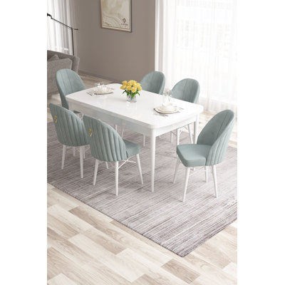 Ensemble de table et chaises de salle à manger moderne extensible (7 pièces), blanc et vert mer, 51,2 po x 30,7 po x 31,5 po | 100% panneau de fibres à densité moyenne avec pieds en bois, structure de chaise en métal, tissu Babyface confortable | Parfait pour les réunions de famille et les salles à manger