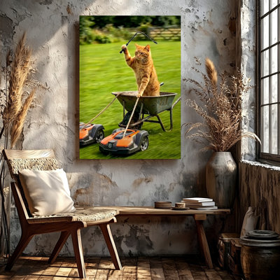Funny Orange Cat In Wheelbarrow Riding Lawn Mowers Garden Canvas Wall Art Print, Orange Funny Poster Artwork For Living Room Decor, Gallery Wall Accent, Modern Home Decor