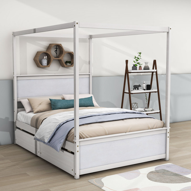 Sabrinia Full 4 Drawers Wood Canopy Bed, Brushed White