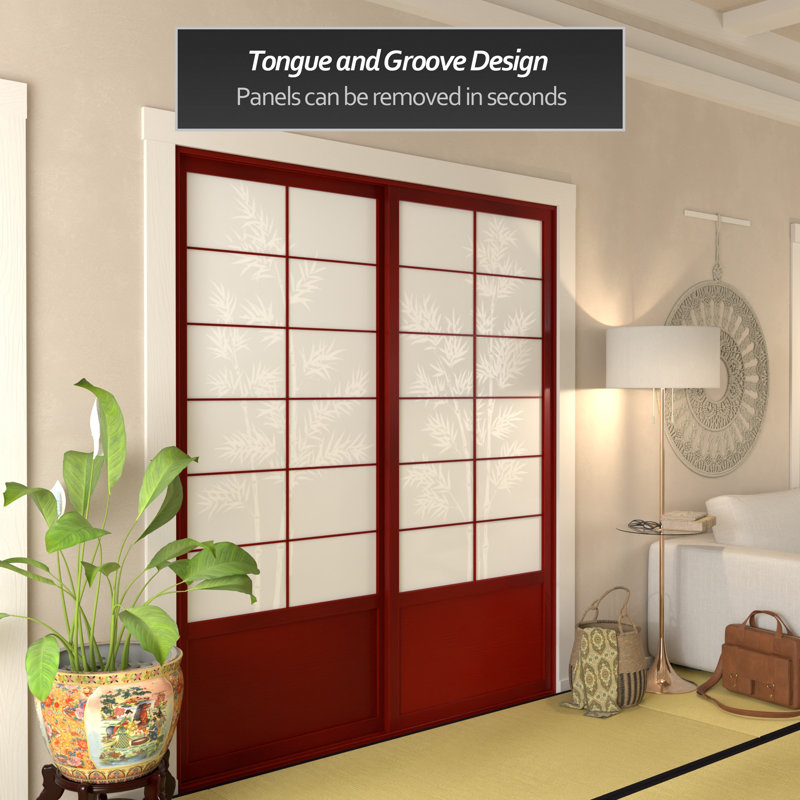 Keir 73.5" W x 83" H  Solid Wood Bamboo Tree Shoji Sliding Double Door Set, Rosewood