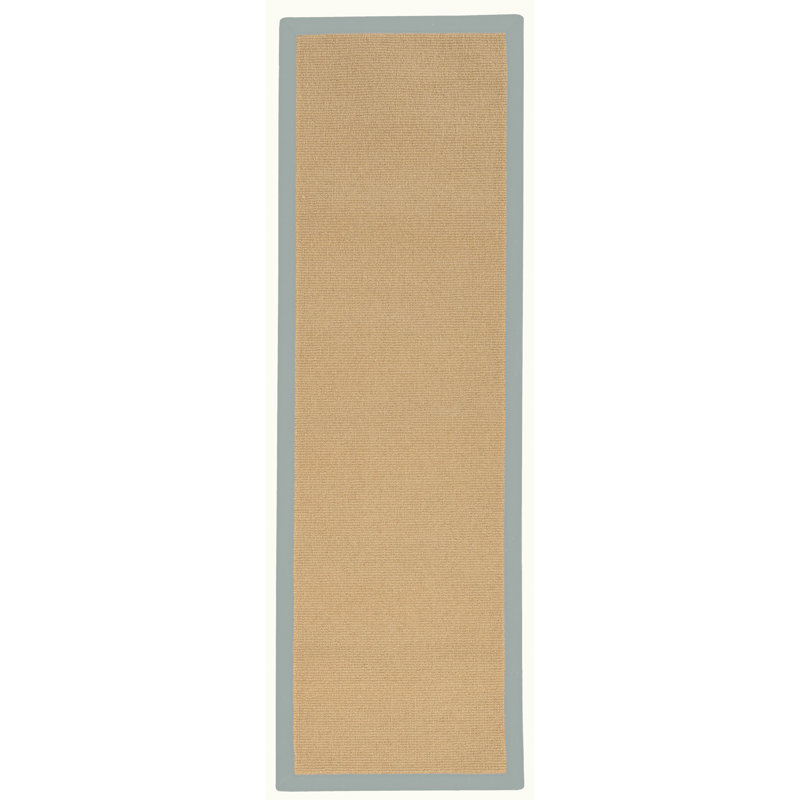 Nannette Handmade Medium Beige Berber with Ice Blue Cotton Border Made in the USA Area Rug, Runner 2'6" x 12'