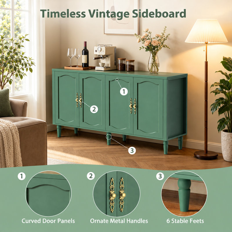 Hayter 63'' W Sideboard Buffet Cabinet, Kitchen Storage Cabinet With 4 Doors And Adjustable Shelves, Green