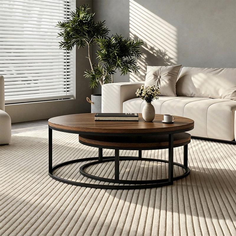 Modern Nesting Tables with Round Wood Tops | Space-Saving Sofa Side Tables for Flats & Living Rooms (Walnut & Black), Brown
